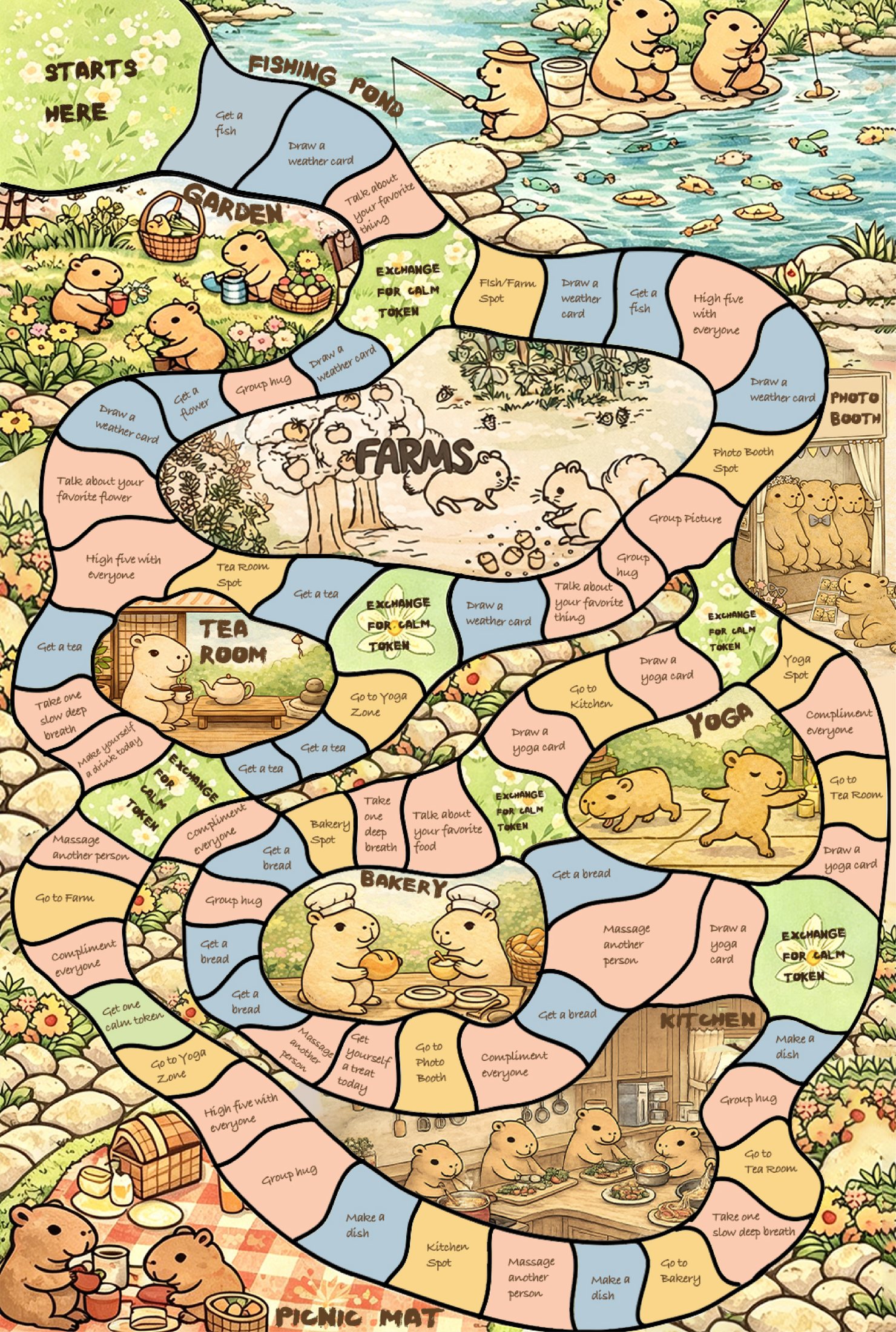 Final illustrated Capybara Land board with activity zones and instructions embedded in every tile