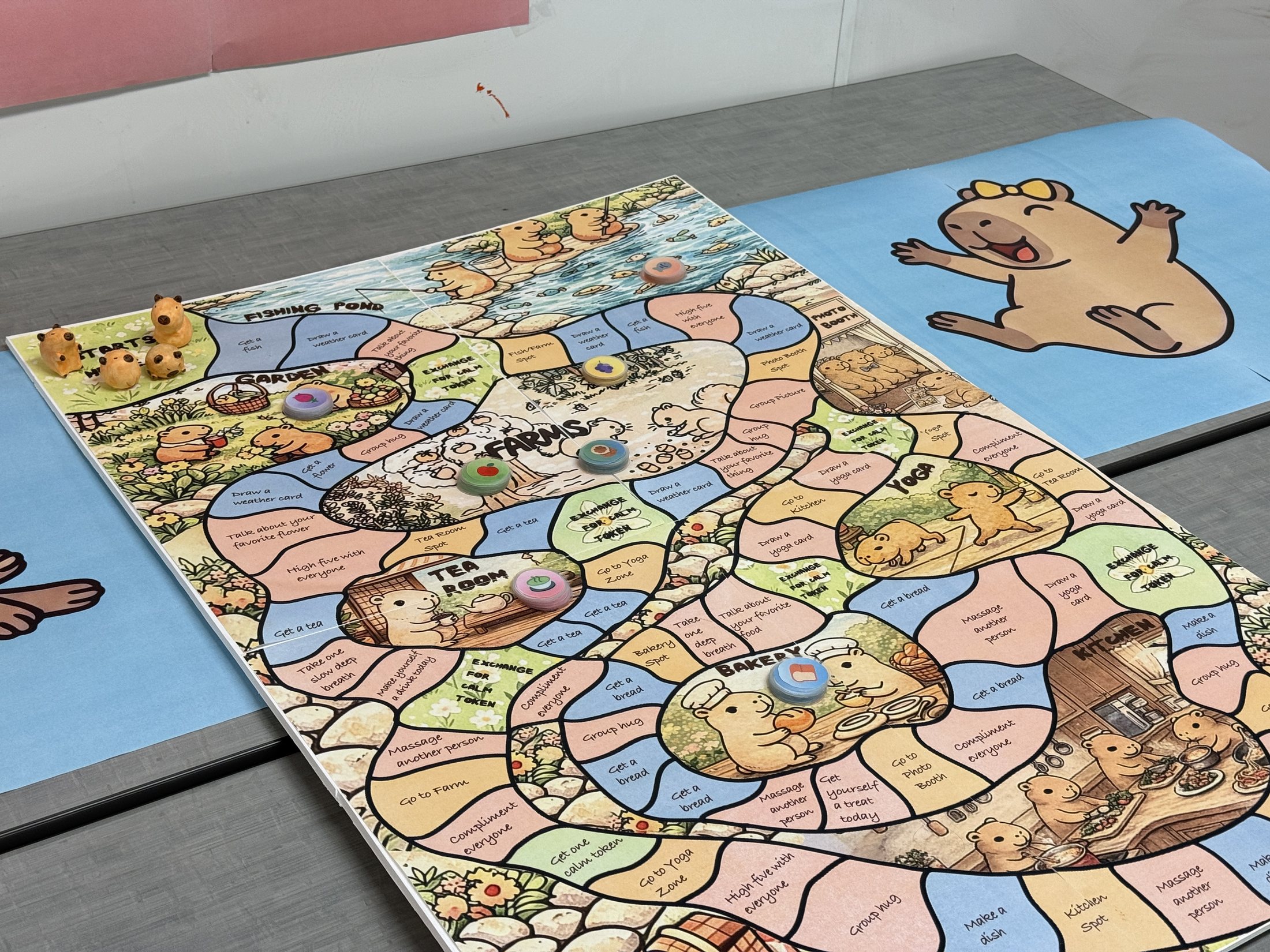 Final Capybara Land board showing paths, activity zones, ingredient tokens, and capybara pieces