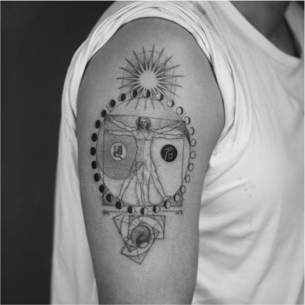 Geometric tattoo combining a human figure, lunar phases, and symbolic circles